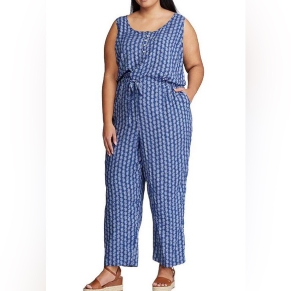 Chaps Pants - Chaps Navy and White Patterned Jumpsuit